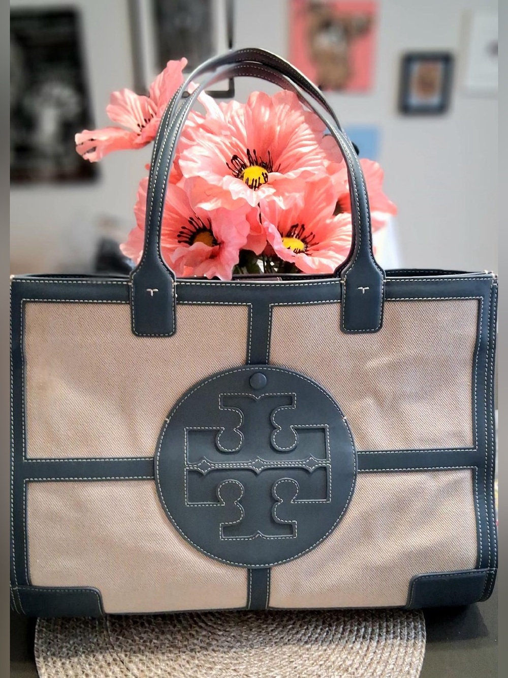 TORY BURCH ELLA QUADRANT LARGE TOTE BAG NATURAL BLUE